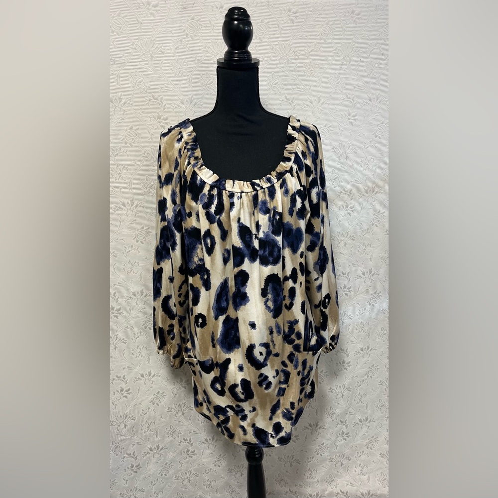 St. John Gold and Navy Blue Leopard Print Long Sleeve Dress